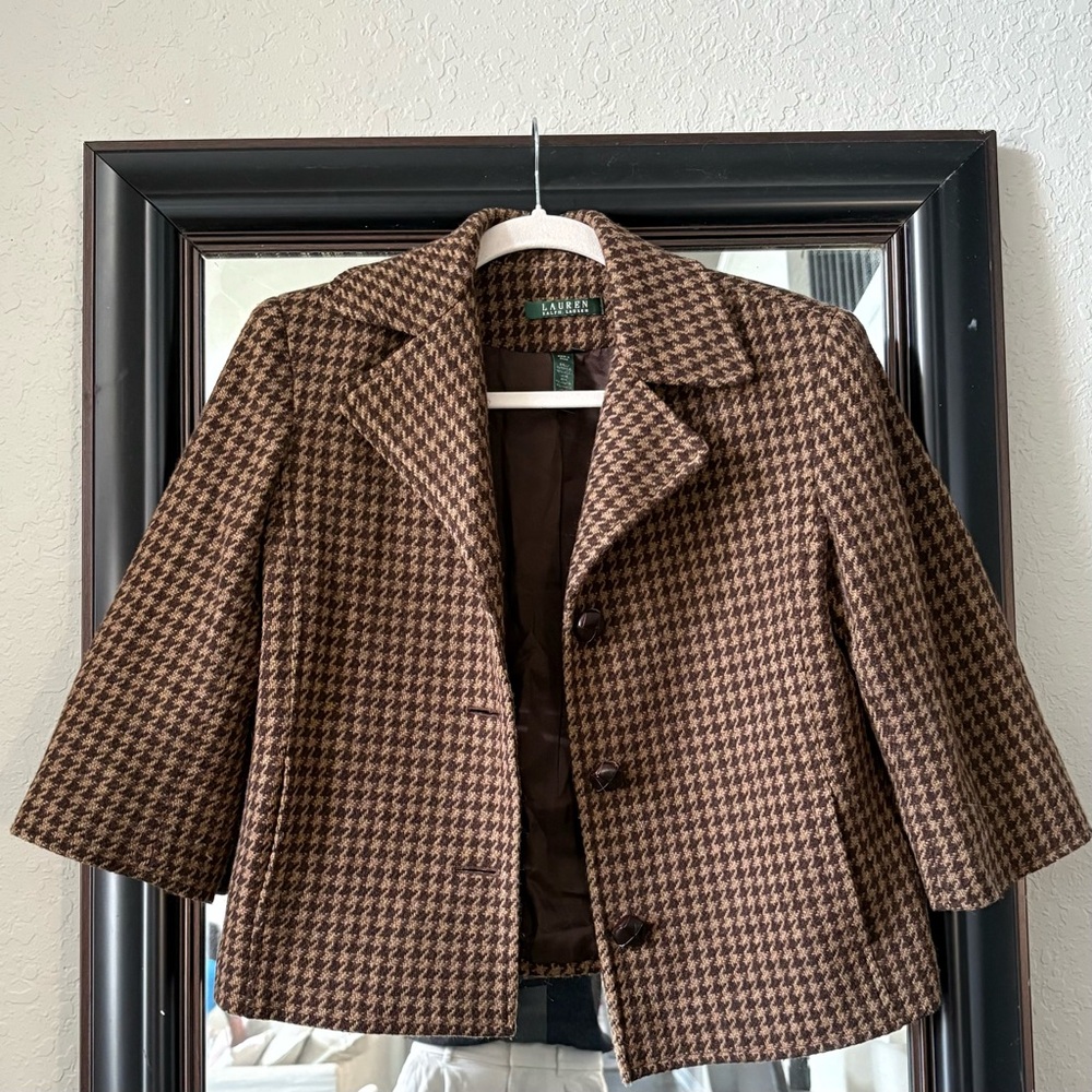 Ralph Lauren Brown Houndstooth Cape Jacket
